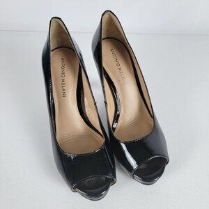 Antonio Melani Black Patent Leather Pumps Shoes Open Toe Stiletto Heels US SZ 7M